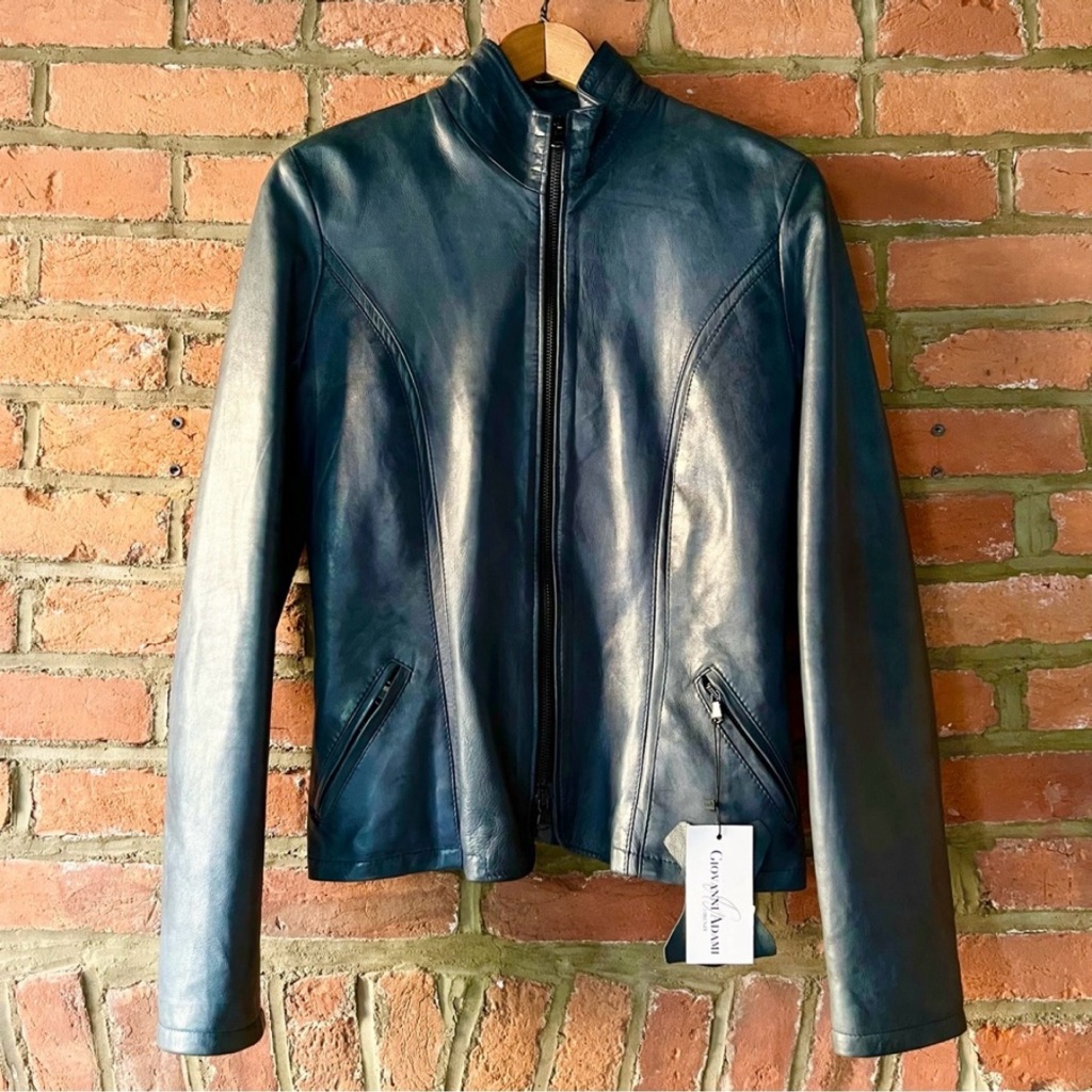 Vera Pelle Women’s Slate Blue Italian Leather Moto Jacket, It 44, Us 2/4